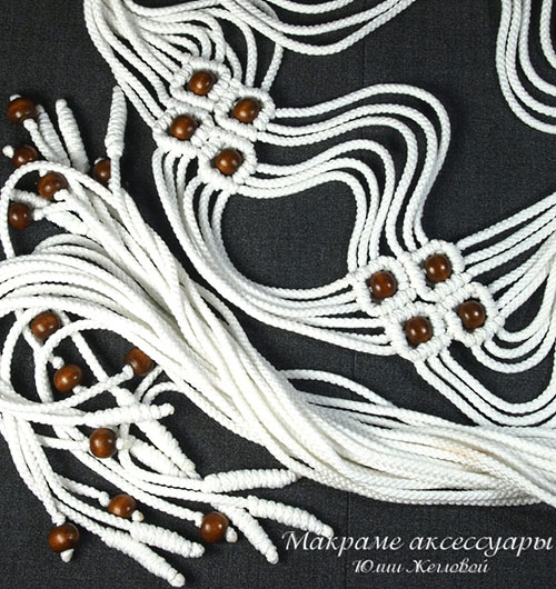 Белый плетеный пояс с кистями, макраме, Жеглова Юлия