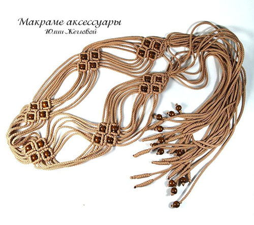 Бежевый плетеный пояс с кистями, макраме, Жеглова Юлия