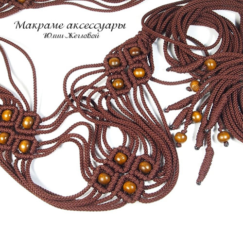 Коричневый плетеный пояс с кистями, макраме, Жеглова Юлия